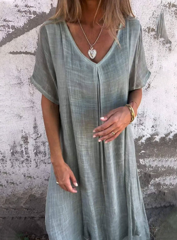 Cotton and Linen V-neck Midi Dress