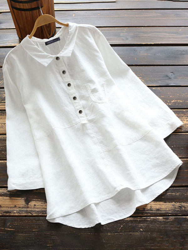 Casual Solid Color Shirt Lapel Collar Long Sleeve Cotton Blouse