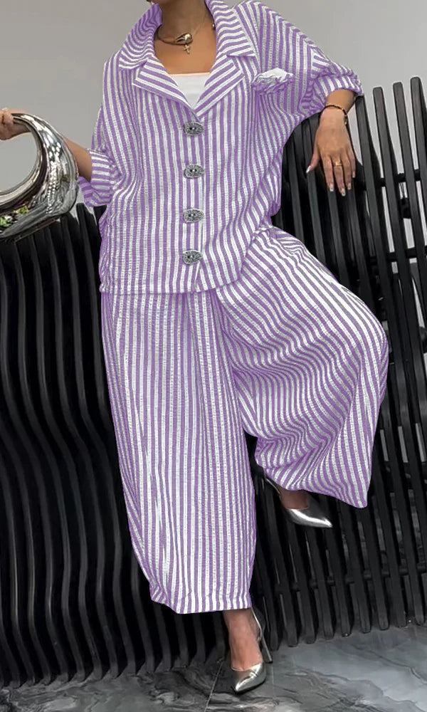 Women's Comfortable Striped Top And Pants Two-Piece Set