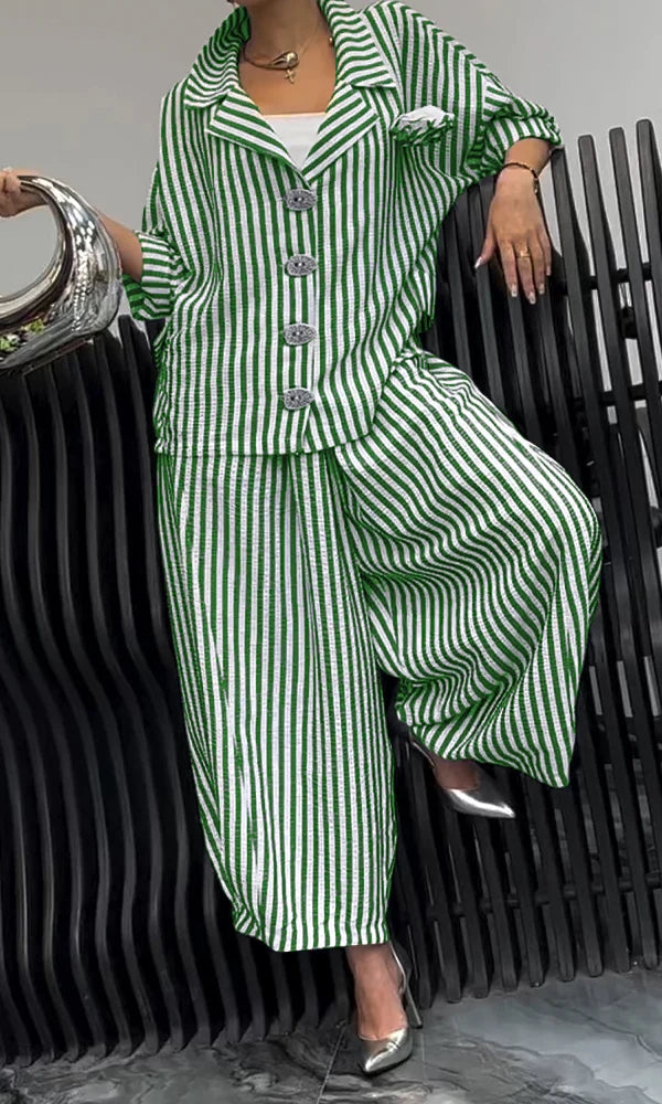 Women's Comfortable Striped Top And Pants Two-Piece Set