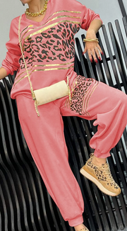 Women's V-neck Long-sleeved Leopard Striped Casual Suit