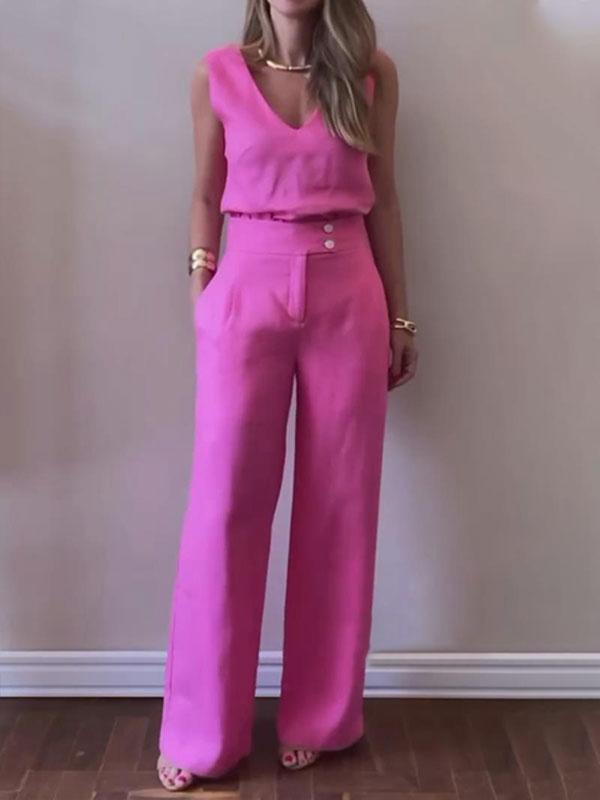 Women's Casual Solid Color Linen Top and Wide Leg Pants Set