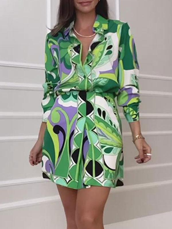 Women's Elegant Plant Print Shirt Dress