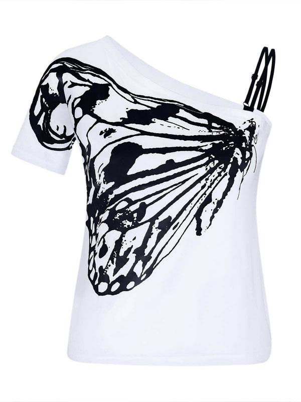 Casual One Shoulder Butterfly Print T-shirt Loose Short Sleeve Blouse