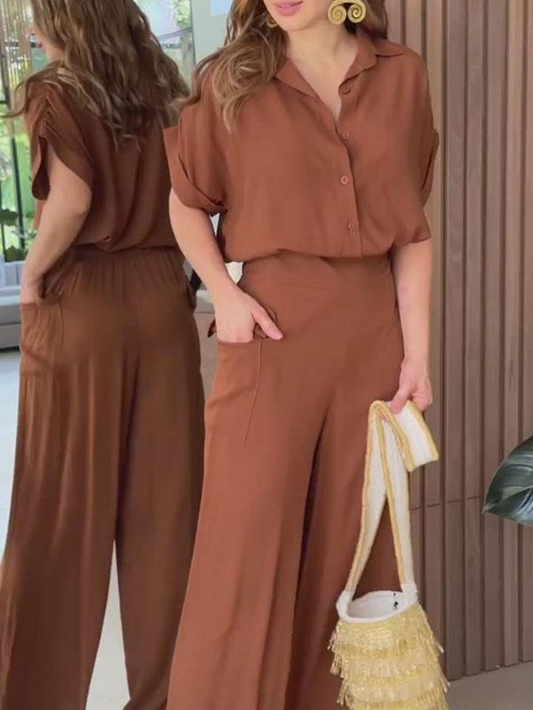 Women's Casual Solid Color Blouse and Wide Leg Pants Suit