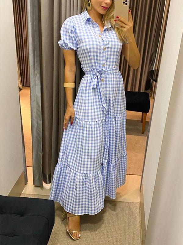 Women's Fashion Plaid Short Sleeve Swing Shirt Dress