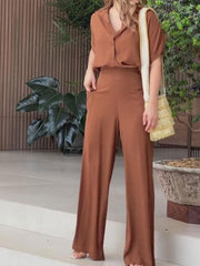 Women's Casual Solid Color Blouse and Wide Leg Pants Suit