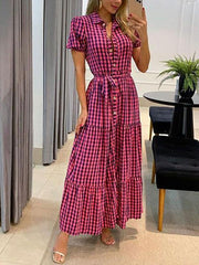 Women's Fashion Plaid Short Sleeve Swing Shirt Dress