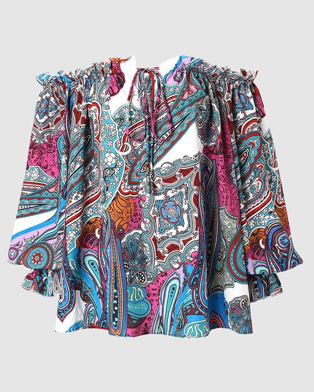 Women's Boho Tribal Print Off Shoulder Lantern Sleeve Top Blouses