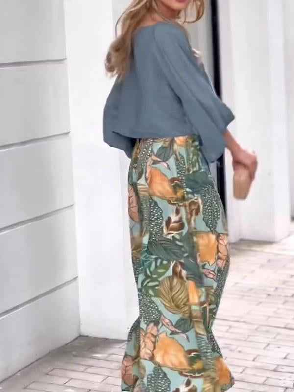 Lantern Sleeve Loose Top Printed Wide Leg Pants Two-piece Set