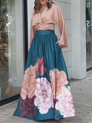 Women's Elegant Solid Color Satin Blouse and Flower Print Skirt Set