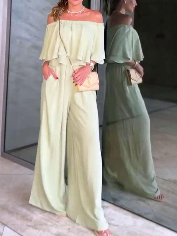 Women's Casual Solid Color Off The Shoulder Wide Leg Jumpsuit