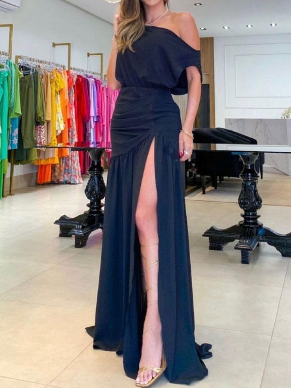 Women's Sexy Solid Color One Shoulder Slit Dress