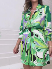 Women's Elegant Plant Print Shirt Dress