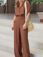 Women's Casual Solid Color Blouse and Wide Leg Pants Suit