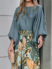 Lantern Sleeve Loose Top Printed Wide Leg Pants Two-piece Set