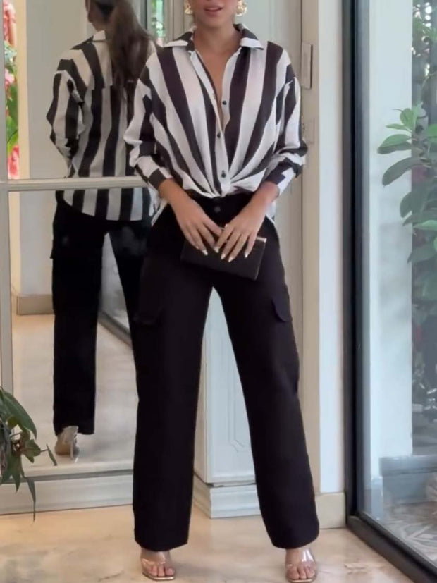 Women's Fashion Stripe Blouse and Wide Leg Pants Two-piece Set