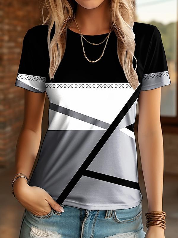 Women's Round Neck Color Block Printed Casual Short Sleeve Top