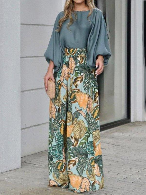 Lantern Sleeve Loose Top Printed Wide Leg Pants Two-piece Set