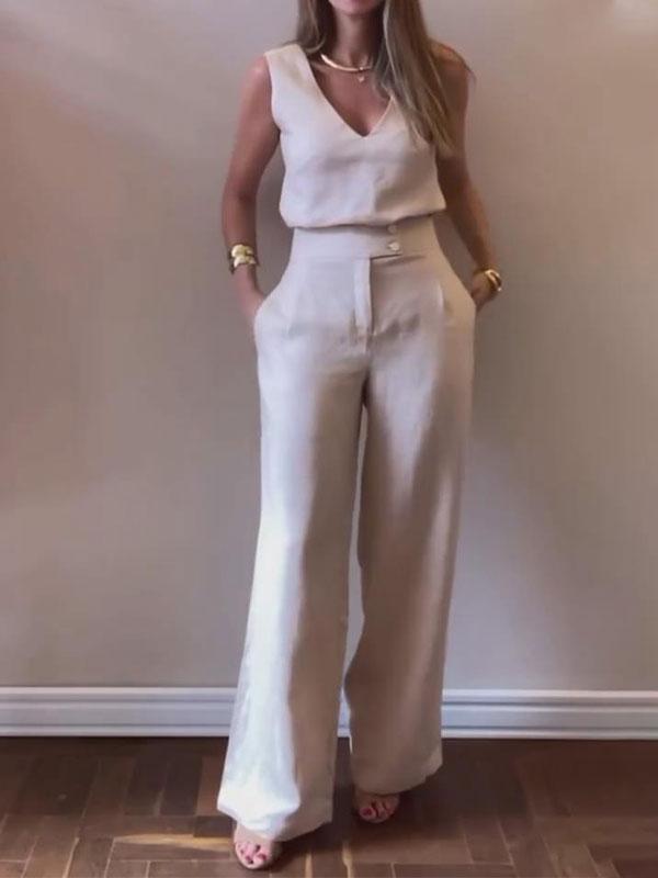 Women's Casual Solid Color Linen Top and Wide Leg Pants Set