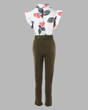 Women's Casual Tropical Print Flutter Sleeve Top & Pants Set With Belt