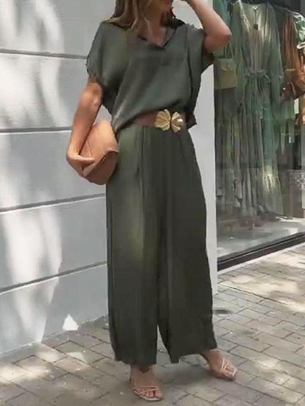 Women's Casual Solid Color Blouse and Wide Leg Pants Set Without Belt