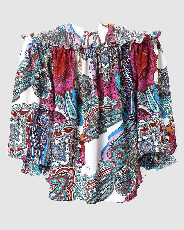 Women's Boho Tribal Print Off Shoulder Lantern Sleeve Top Blouses