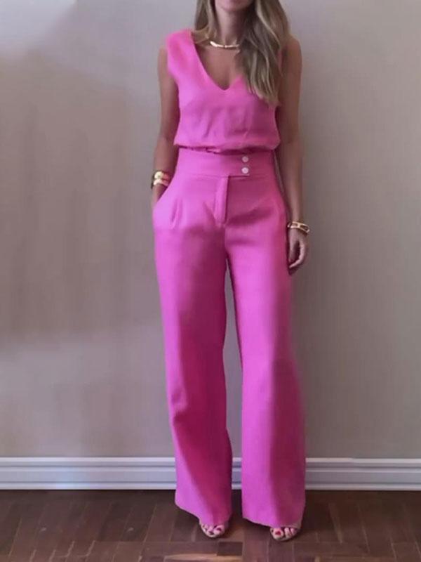 Women's Casual Solid Color Linen Top and Wide Leg Pants Set