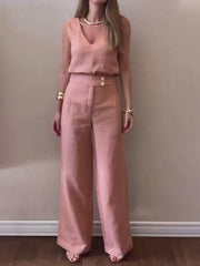 Women's Casual Solid Color Linen Top and Wide Leg Pants Set