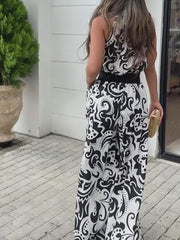 Women's Elegant National Print Sleeveless Wide Leg  Jumpsuit