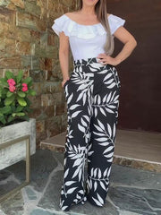 Women's Boho Flouncing Blouse and Wide Leg Pants Set