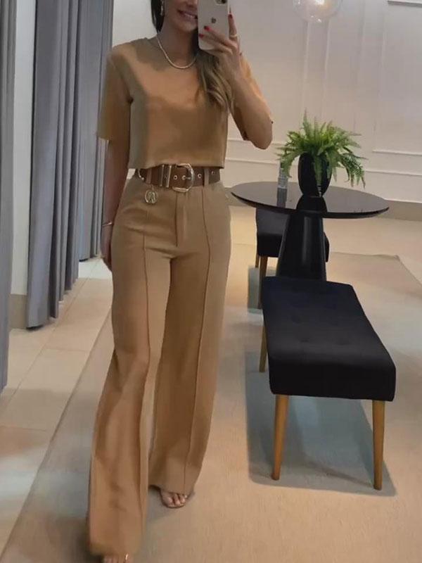 Women's Elegant Solid Color Blouse and Wide Leg Pants Suit