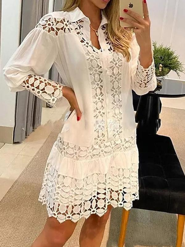 Ladies Lapel Cutout Lace Patchwork Dress