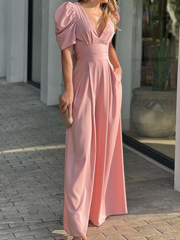 Women's Solid Color Temperament Elegant V-neck High Waist Wide Leg Jumpsuit