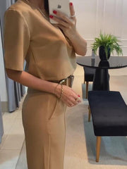 Women's Elegant Solid Color Blouse and Wide Leg Pants Suit