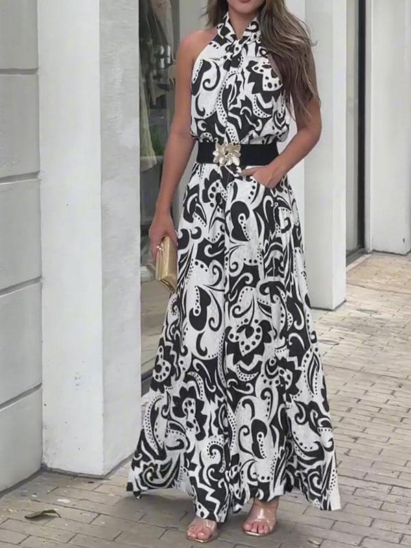 Women's Elegant National Print Sleeveless Wide Leg  Jumpsuit