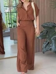 Women's Casual Solid Color Blouse and Wide Leg Pants Suit