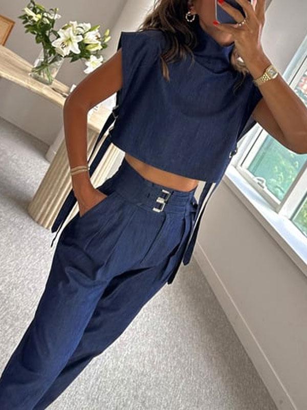 Women's Fashion Fake DenimrTop and Cropped Tapered Pants Set