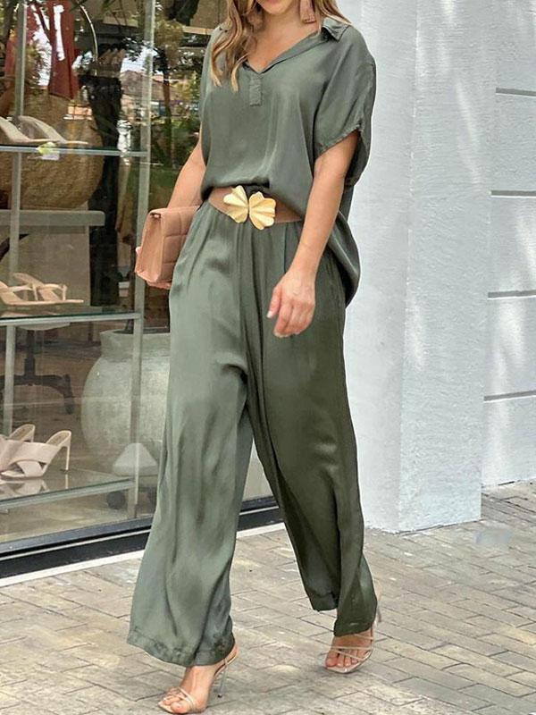 Women's Casual Solid Color Blouse and Wide Leg Pants Set Without Belt