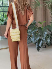 Women's Casual Solid Color Blouse and Wide Leg Pants Suit