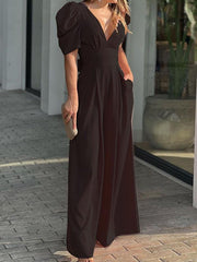 Women's Solid Color Temperament Elegant V-neck High Waist Wide Leg Jumpsuit