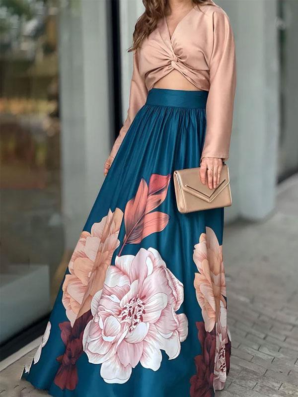 Women's Elegant Solid Color Satin Blouse and Flower Print Skirt Set