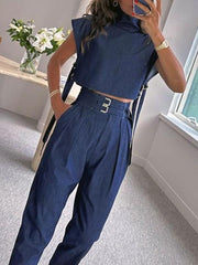 Women's Fashion Fake DenimrTop and Cropped Tapered Pants Set