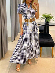 Women's Fashion Plaid Short Sleeve Swing Shirt Dress