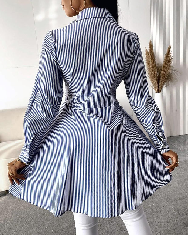 Women's Fashion Striped Buttoned Long Sleeve Asymmetrical Top