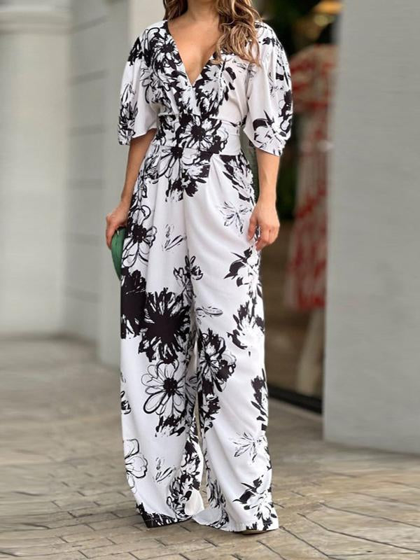 Women's Elegant Print Baggy Bat-sleeved High-waisted Romper