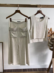 Women's Casual Solid Color Linen Top and Skirts Set