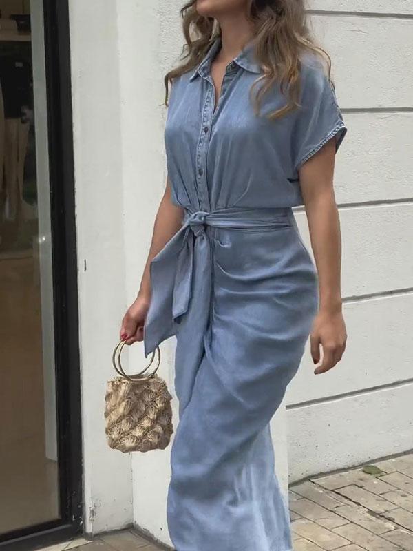 Women's Casual Fake Denim Knotted Shirt Dress