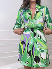 Women's Elegant Plant Print Shirt Dress