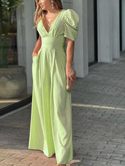 Women's Solid Color Temperament Elegant V-neck High Waist Wide Leg Jumpsuit